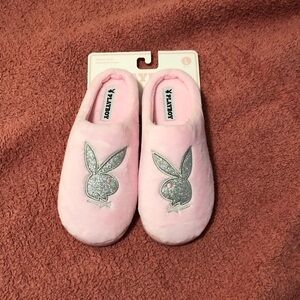 PLAYBOY Pink Plush Slip-On Slippers with Sparkle Bunny